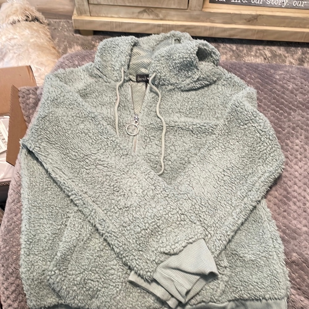 Lake green Sherpa pull over quarter zip with hood